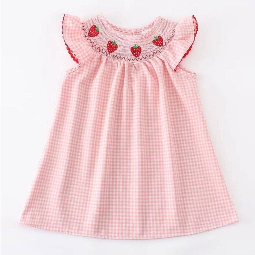 Rylee Faith Designs Pink  Gingham Dress with Strawberry Embroidery